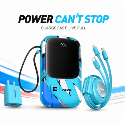 Baseus 20000mAh 22.5W Fast Charging Power Bank Combo Set – with 20W PD Wall Adapter, 100W 3-in-1 Cable, Built-in Lightning Cable & LED Display